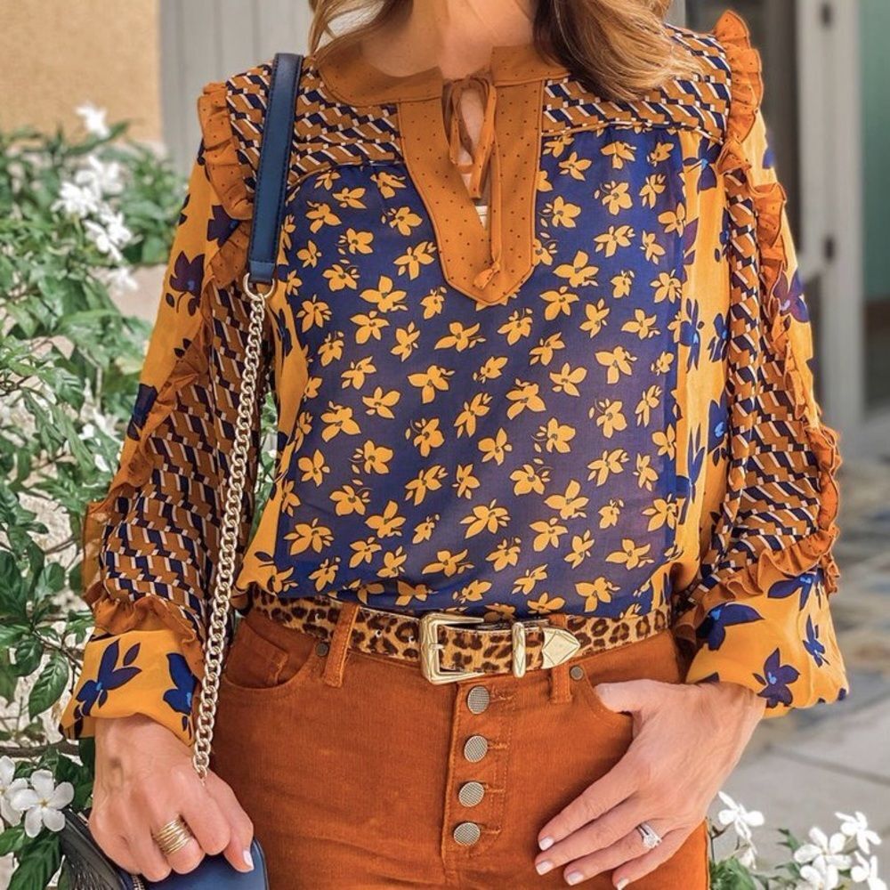 Cabi Harmony Gold Navy Ruffle Floral Peasant Blouse Tunic Top Size S